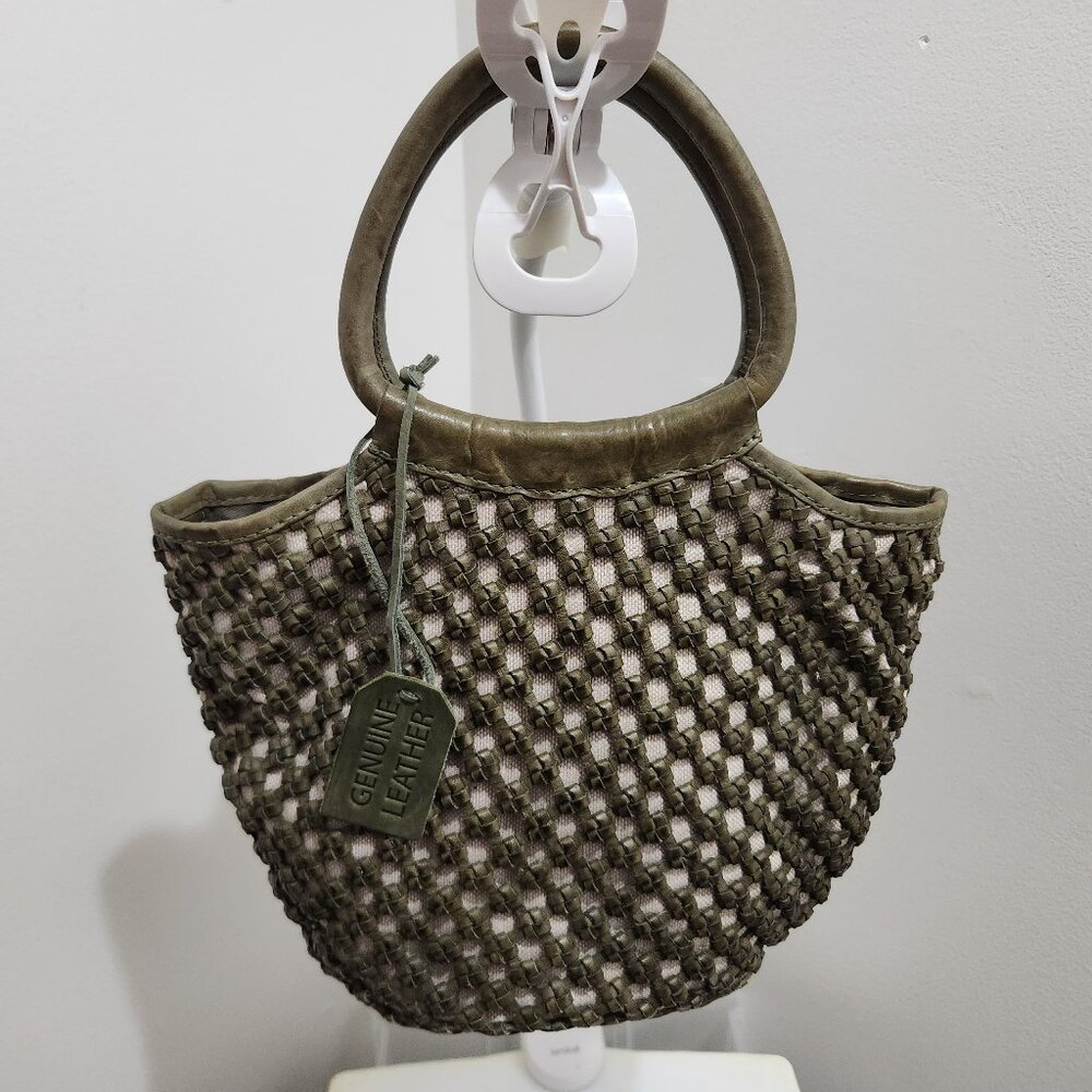 Genuine Leather Olive Green Woven Crossbody Bag